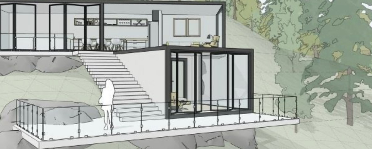 Hillside house design sketched on real terrain