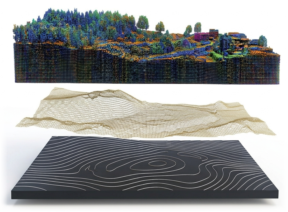 LiDAR point cloud, terrain surface, and contour lines for one site