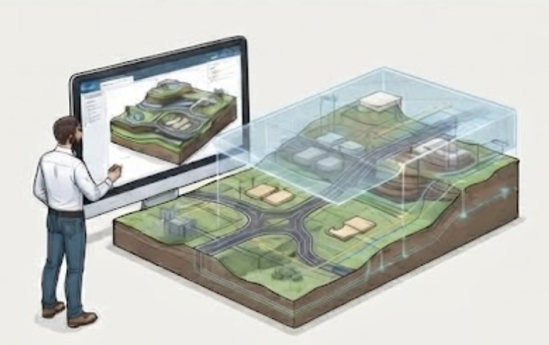 Engineer working on a 3D site model with roadway and utility layout in CAD
