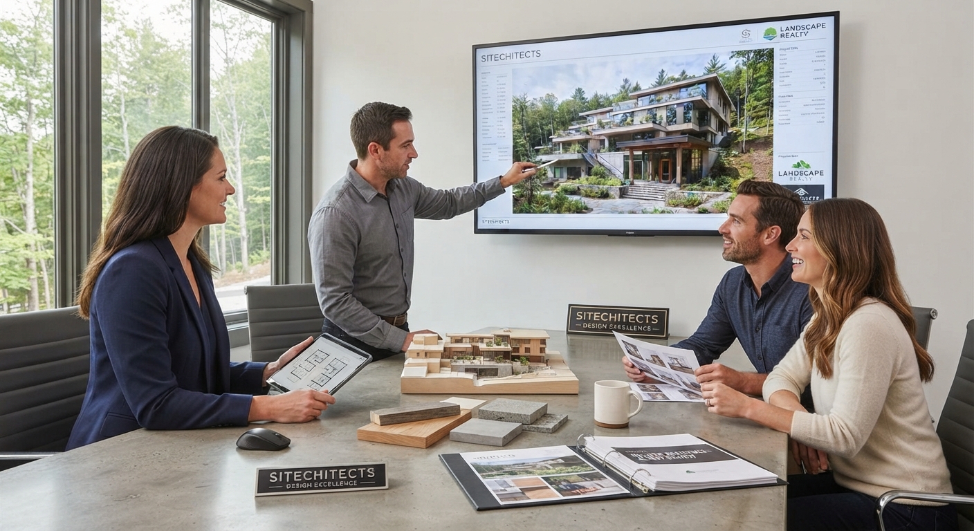 Architect presenting a hillside home design on a screen to clients around a table with a site model