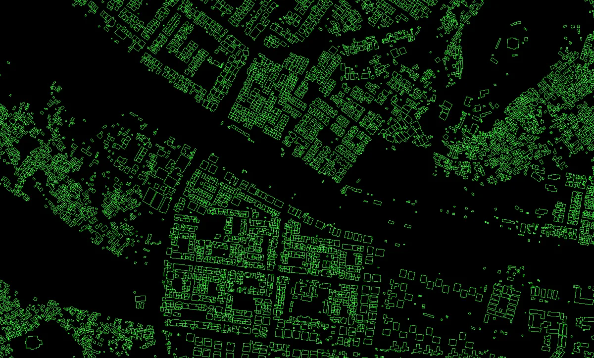 City map with existing building footprints outlined in green on a dark basemap