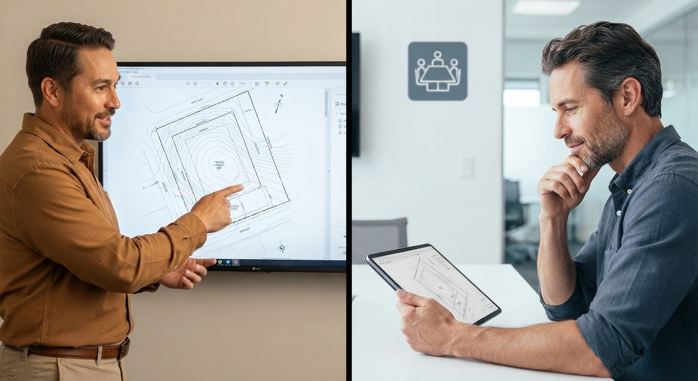 Two people reviewing a site plan with contours and a parcel boundary