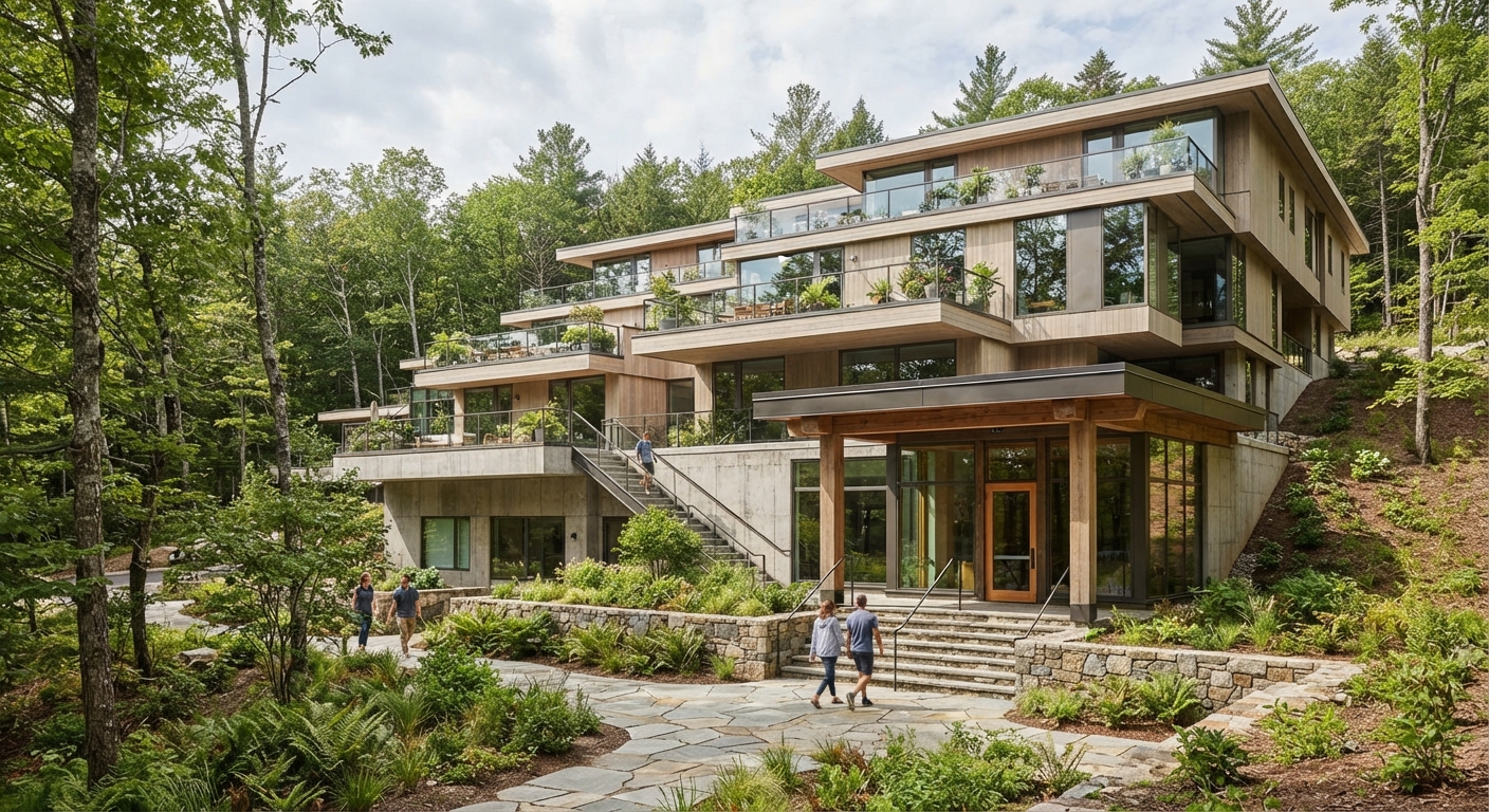 Modern multi-level home stepping down a wooded hillside with terraced walls and entry stair