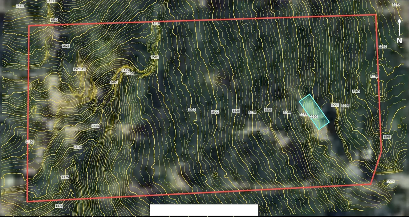 Parcel boundary in red over 1-foot LiDAR contours and aerial imagery
