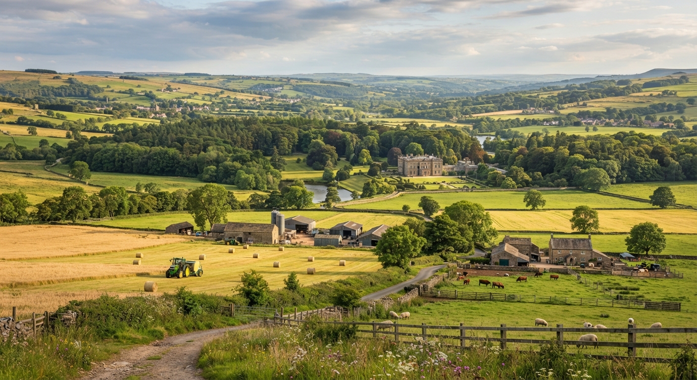 Aerial view of a hillside estate with a metal-roofed barn-style house, fenced pastures holding horses and cattle, round hay bales, a pond, and a distant mountain range, with contour lines overlaid across the fields