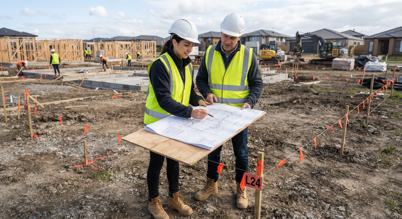 Blueprints laid out on a graded subdivision lot marked with wooden survey stakes and orange flags, excavators and houses in the background