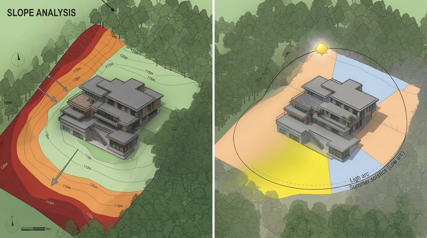 Site analysis diagrams showing slope zones and a summer sun path over a house set in the woods