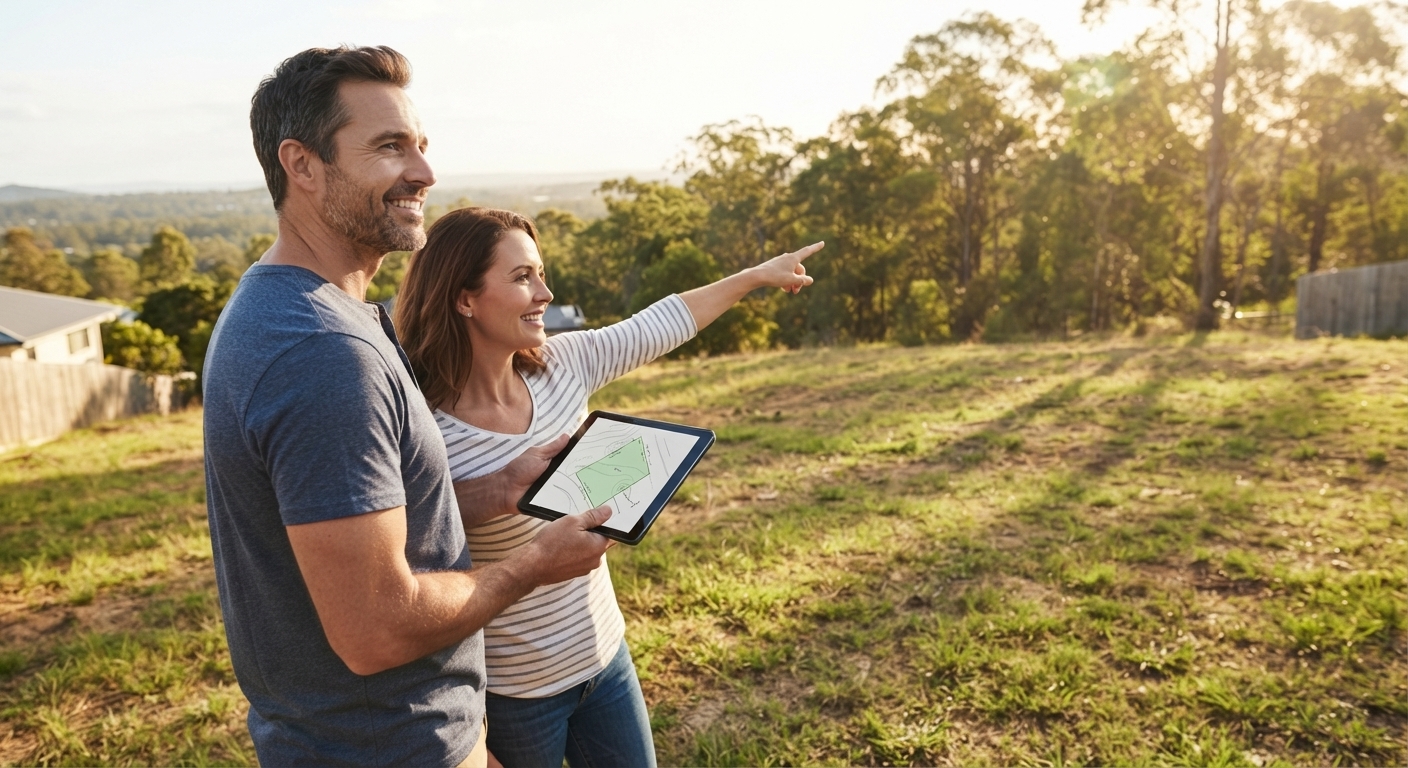 Couple on their land pointing toward their property while holding a tablet with a parcel map