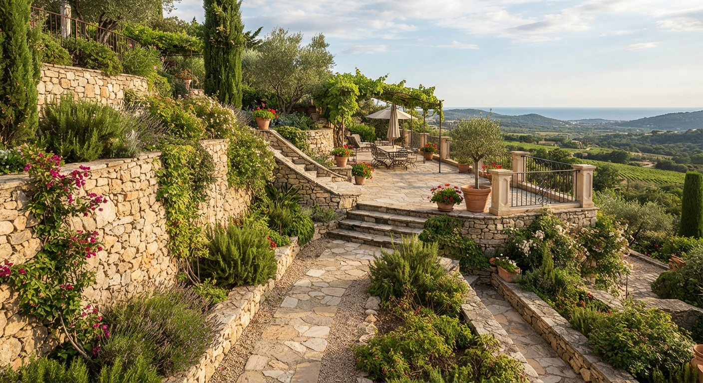 Multi-tiered dry-stacked stone retaining walls and a flagstone path with steps winding through a terraced hillside garden planted with lavender and flowering shrubs