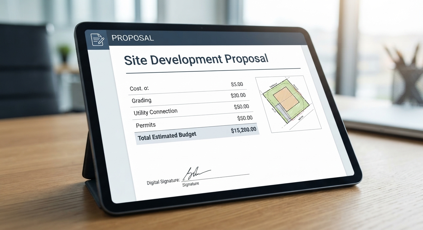 Site development proposal with a lot plan on a tablet