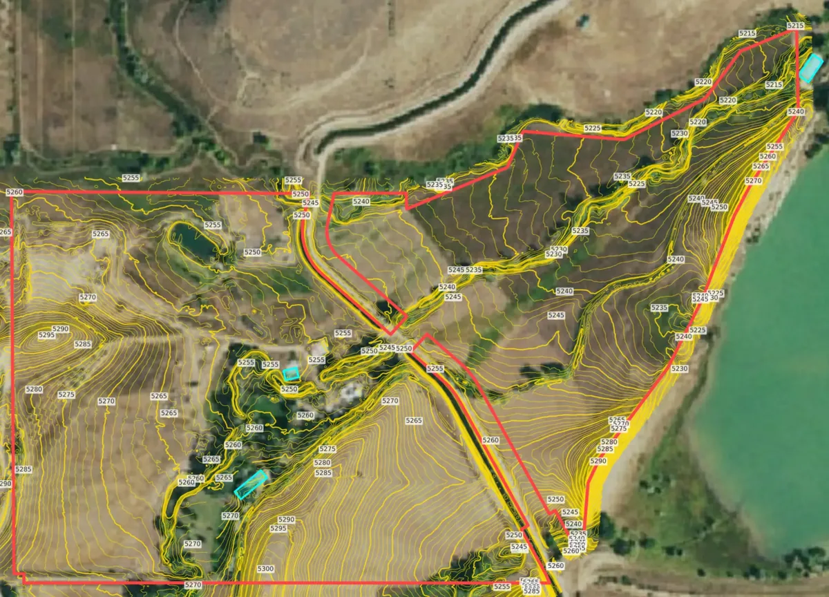 Parcel boundary in red over 1-foot contours and aerial imagery