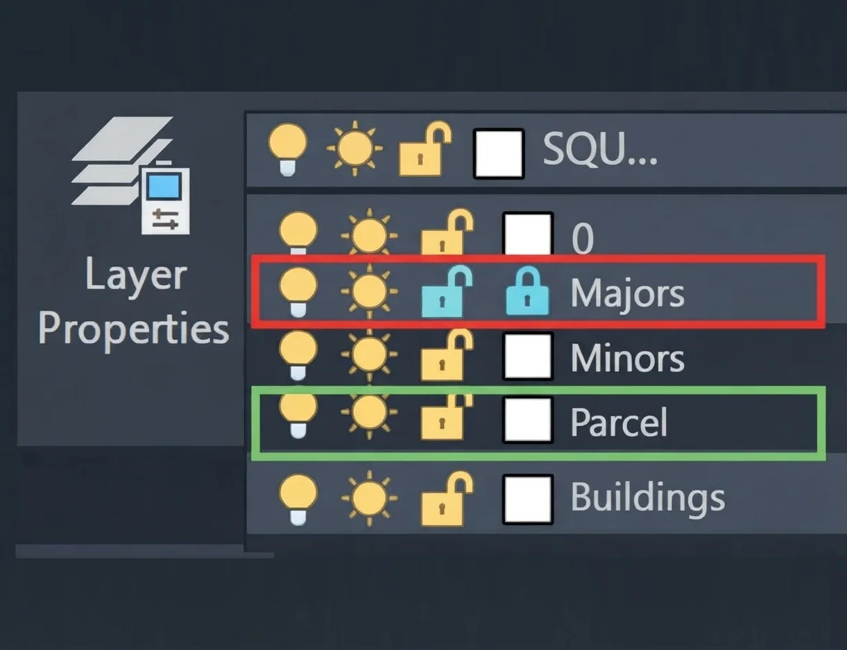 CAD layer list with Majors, Minors, Parcel, and Buildings on their own rows, each with its own color, visibility, and lock state