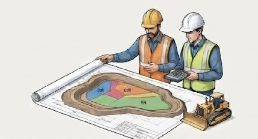 Two engineers reviewing an excavation plan divided into cut and fill zones