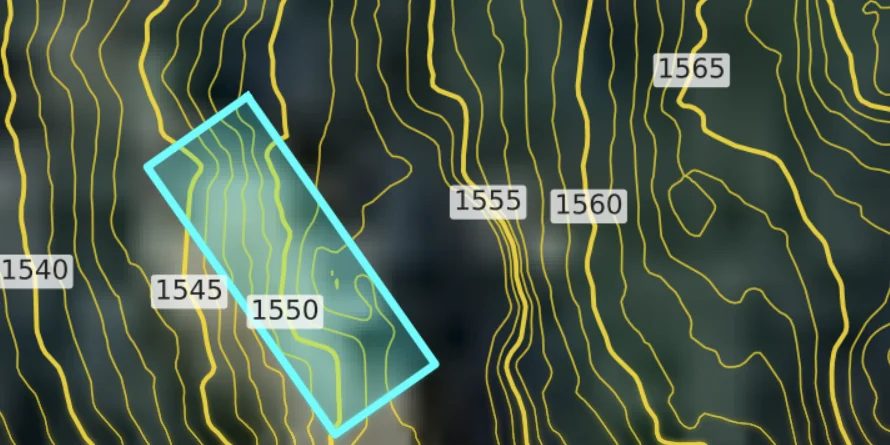 1-foot LiDAR contours over aerial imagery with a site area highlighted