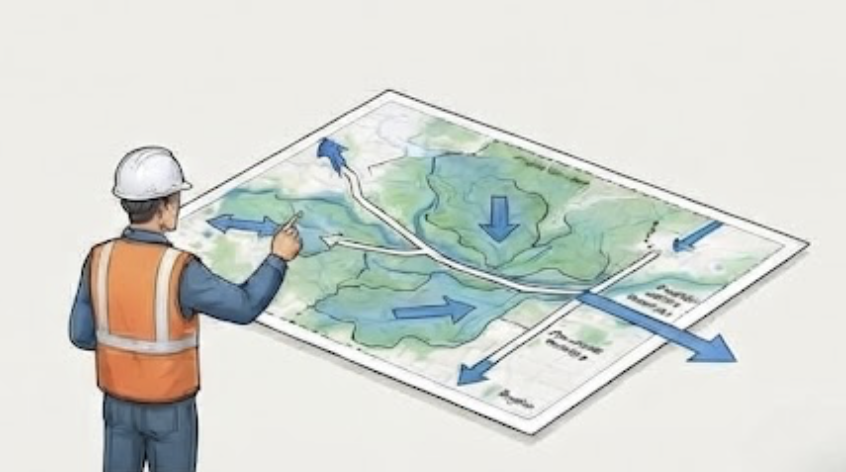 Surveyor pointing at a watershed map with drainage flow arrows