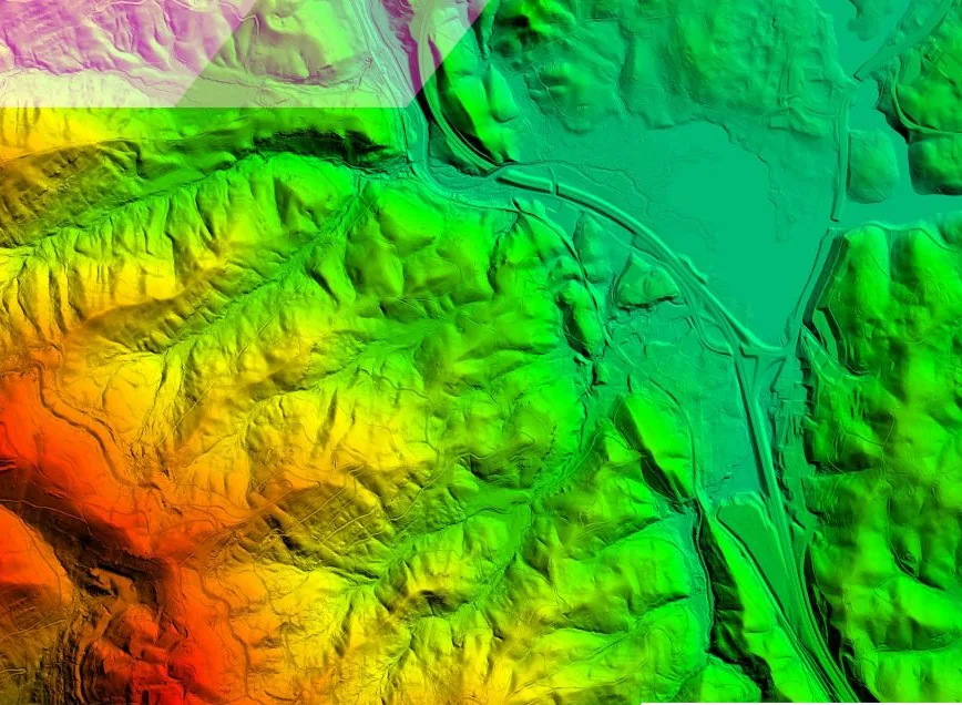 Colorized LiDAR elevation data of hilly terrain