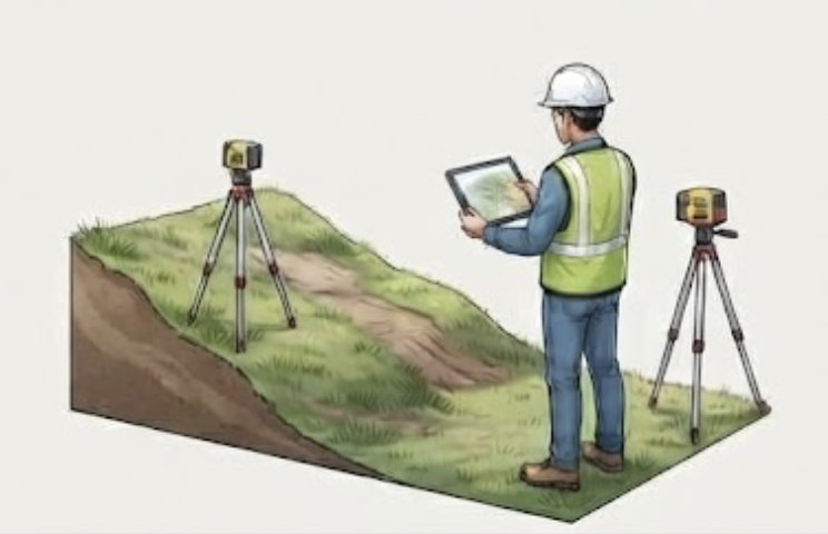 Engineer checking a sloped site with surveying instruments