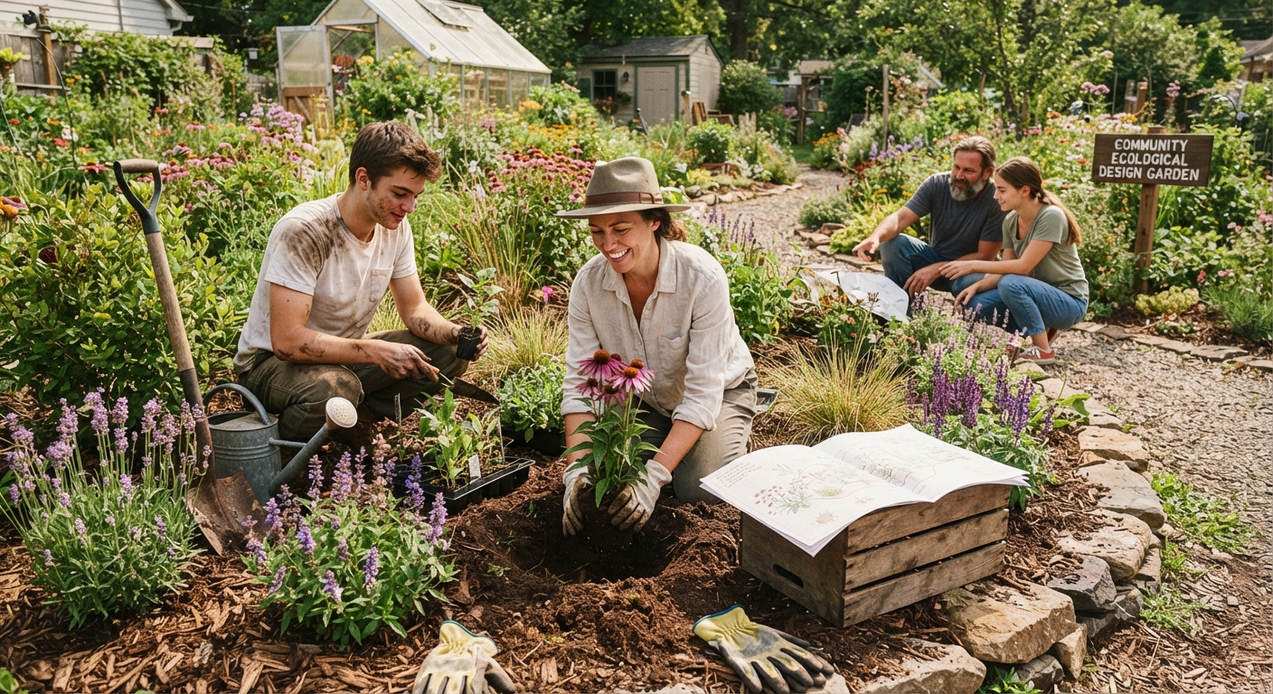 People planting coneflowers and seedlings in a sunlit ecological garden with stone beds, a wooden crate, and a sign reading Community Ecological Design Garden